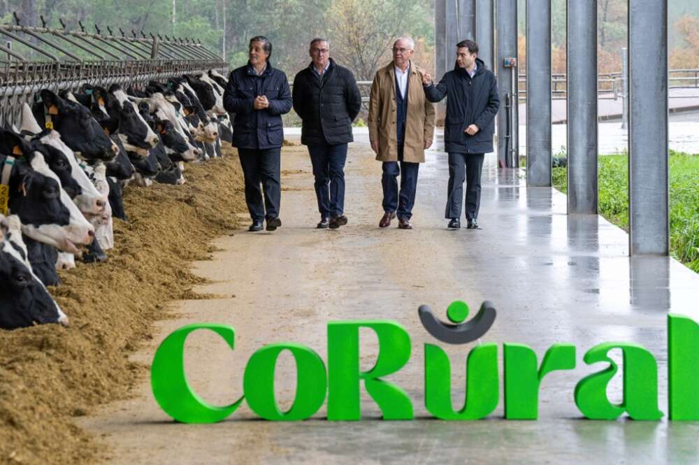 Directivos de Leche Celta y Clun (Feiraco), en el anuncio de la creación del nuevo grupo lácteo gallego