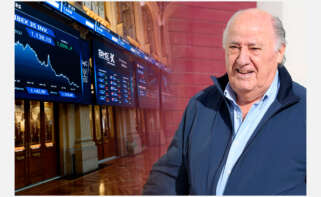 Amancio Ortega, al lado de una imagen de la bolsa española
