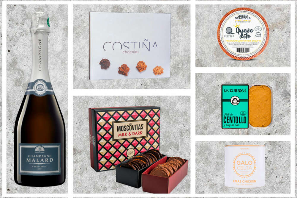Montaje con algunos de los prodcutos gourmet incluidos en la cesta de Navidad de Inditex de 2025