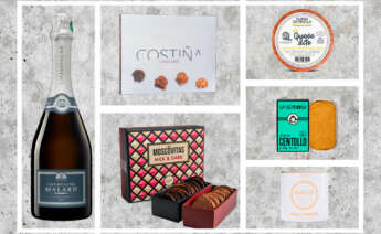 Montaje con algunos de los prodcutos gourmet incluidos en la cesta de Navidad de Inditex de 2025