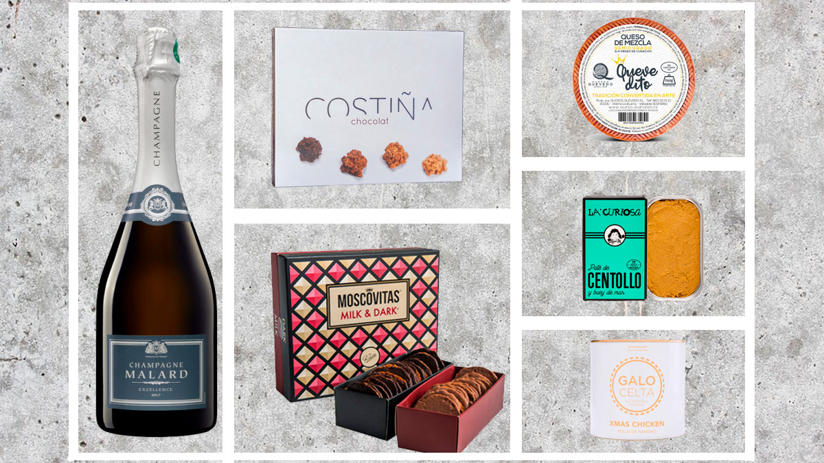 Montaje con algunos de los prodcutos gourmet incluidos en la cesta de Navidad de Inditex de 2025