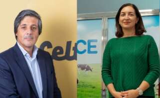 Javier Bretón, el director general de Leche Celta, al lado de una imagen de Carmen Lence, presidenta de Grupo Lence, dueña de Leche Río