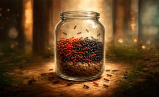 ilustración de un jarrón con hormigas negras y rojas