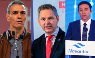 Pedro Sánchez, presidente del Gobierno, al lado de dos imágenes de los presidentes de las empresas públicas Mercasa, José Miñones, y Navantia, Ricardo Domínguez