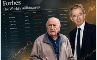 Amancio Ortega y Bernard Arnault con la lista Forbes de fondo