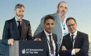 De izquierda a derecha, el presidente de Profand, Enrique García Chillón; los fundadores de Wofco, Alberto Barreiro y Borja Tenorio; y en segundo plano el CEO de Nueva Pescanova, Jorge Escudero