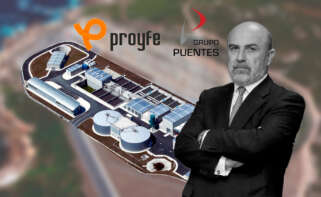 José Manuel Otero, fundador y presidente del Grupo Puentes, y de fondo la depuradora de Ferrol, en la que trabajó Proyfe
