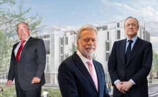 Jacinto Rey (San José), Luis Amodio (OHLA) y Florentino Pérez (ACS), en un montaje con una parte del desarrollo público residencial de San Paio de Navia, en Vigo