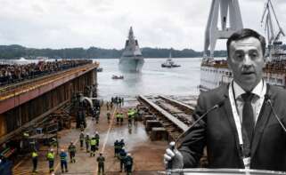 Montaje con el presidente de Navantia, Ricardo Domínguez, sobre una imagen de archivo del astillero de Navantia en Ferrol, en la botadura de una de las fragatas F-11