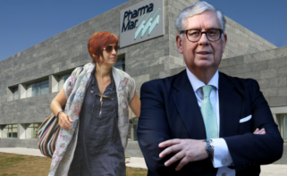 Montaje con imágenes de Sandra Ortega y Juan Manuel Vieites con la sede de PharmaMar de fondo