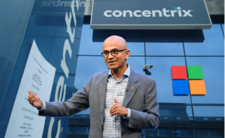 Montaje fotográfico con la sede de Concentrix en A Coruña y el CEO de Microsoft, Satya Nadella