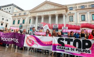 Decenas de manifestantes durante una concentración contra la granja de pulpos frente al Congreso de los Diputados