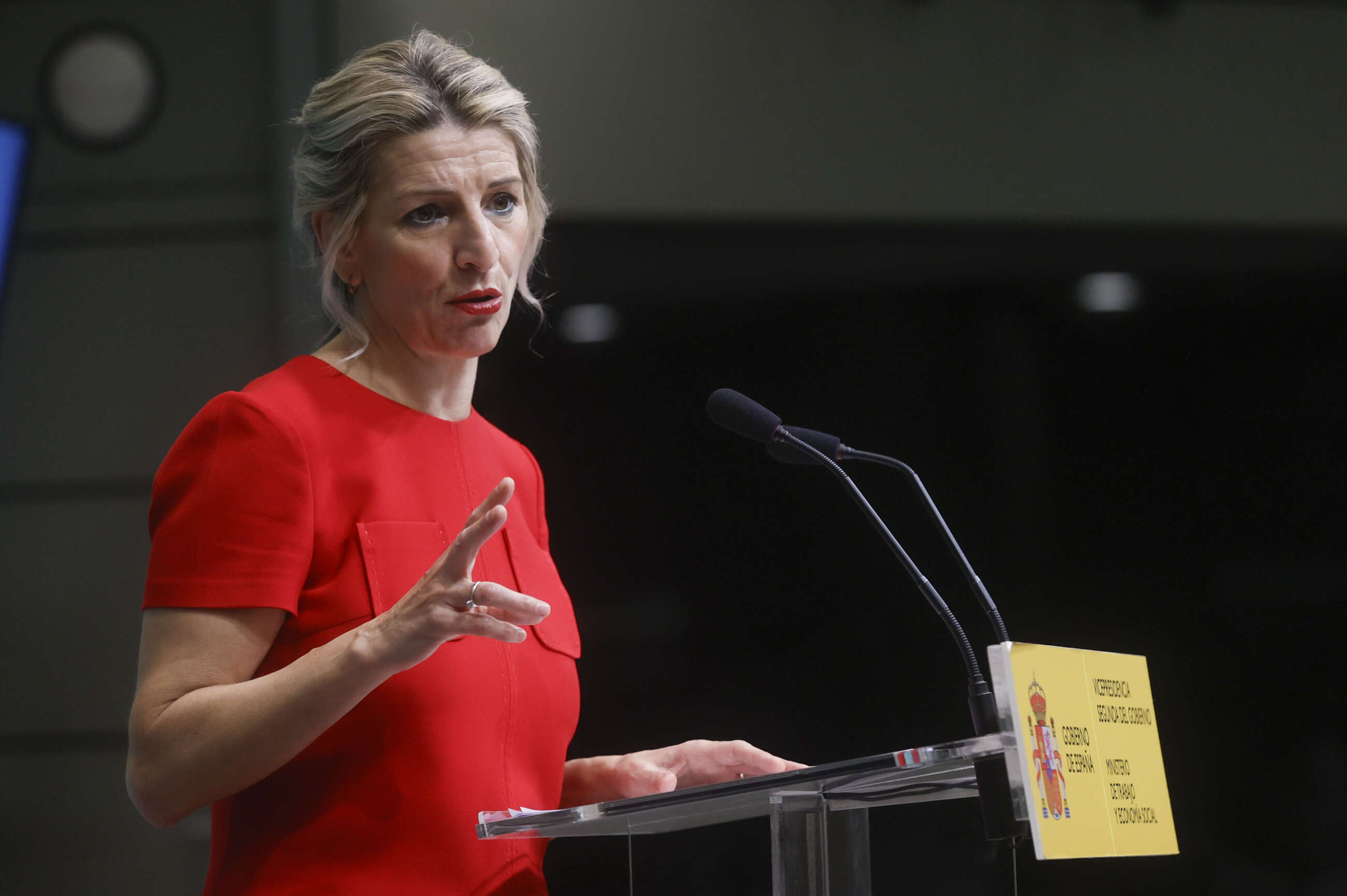 MADRID, 24/01/2024.- La vicepresidenta segunda y ministra de Trabajo y Economía Social, Yolanda Díaz, clausura el acto de presentación del plan de impulso a la economía social 2024-2025, este miércoles en Madrid. EFE/ Fernando Alvarado