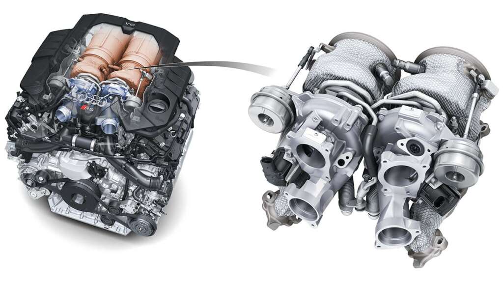 Motor V8 TFSI. Detale de los dos turbocompresores de doble entrada.