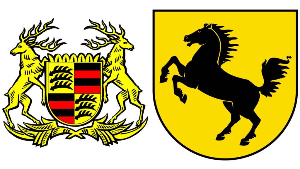 A la izquierda, el escudo del estado de Wurtemberg durante la república de Weimar. A la derecha, escudo de la ciudad de Stuttgart. Ambos se combinaron para crear el logo de Porsche.