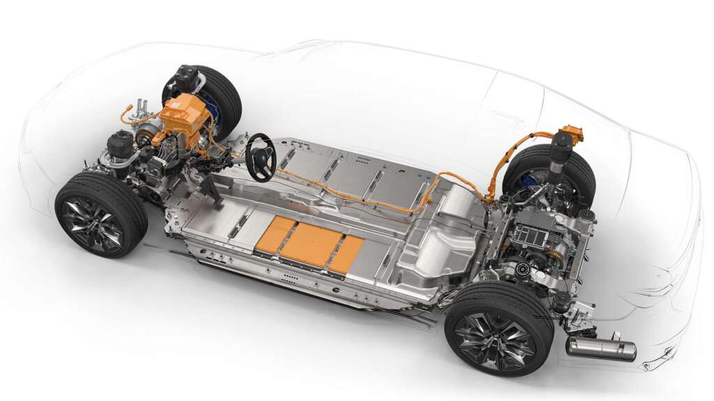 Las baterías del BMW i7 se distribuyen a lo largo del piso, entre los dos ejes, para optimizar el centrado de masas.