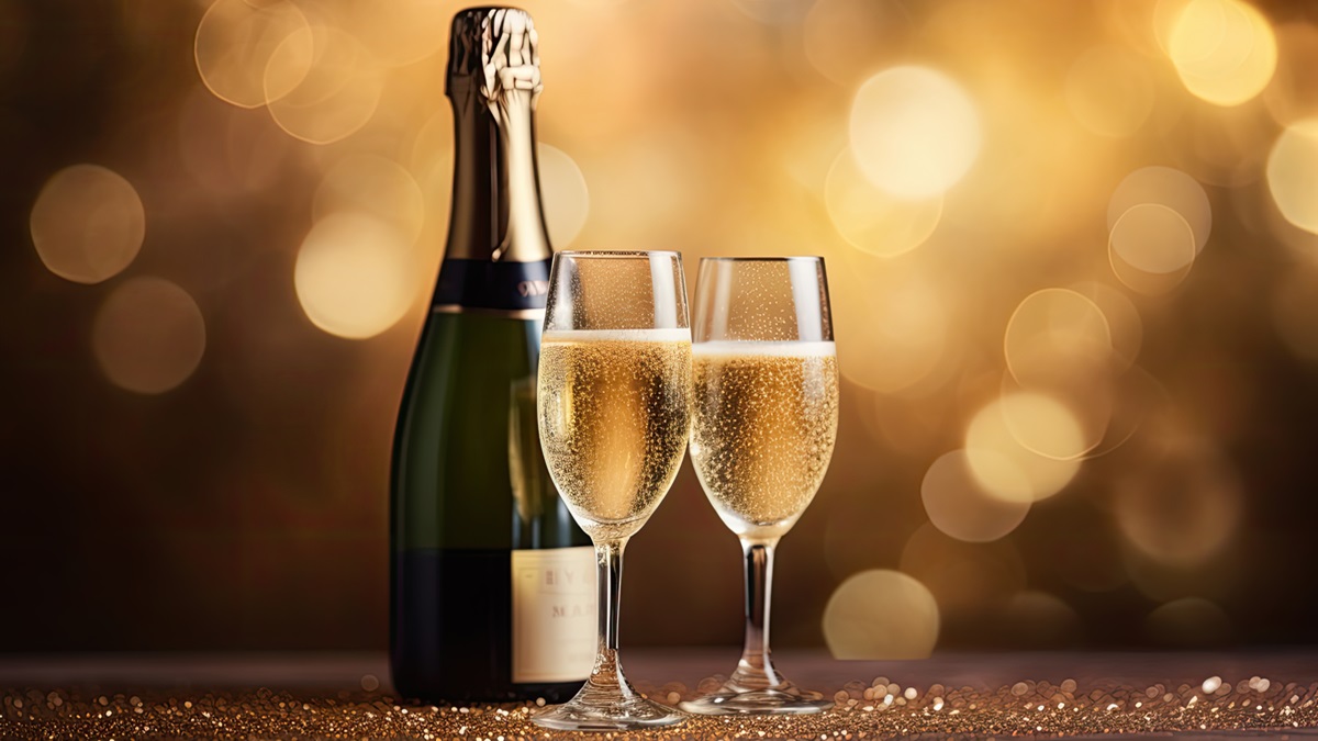 Una botella con unas copas de cava