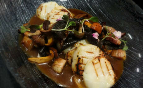 Plato de vieiras con setas y panceta en Nexe Restaurant (Girona)