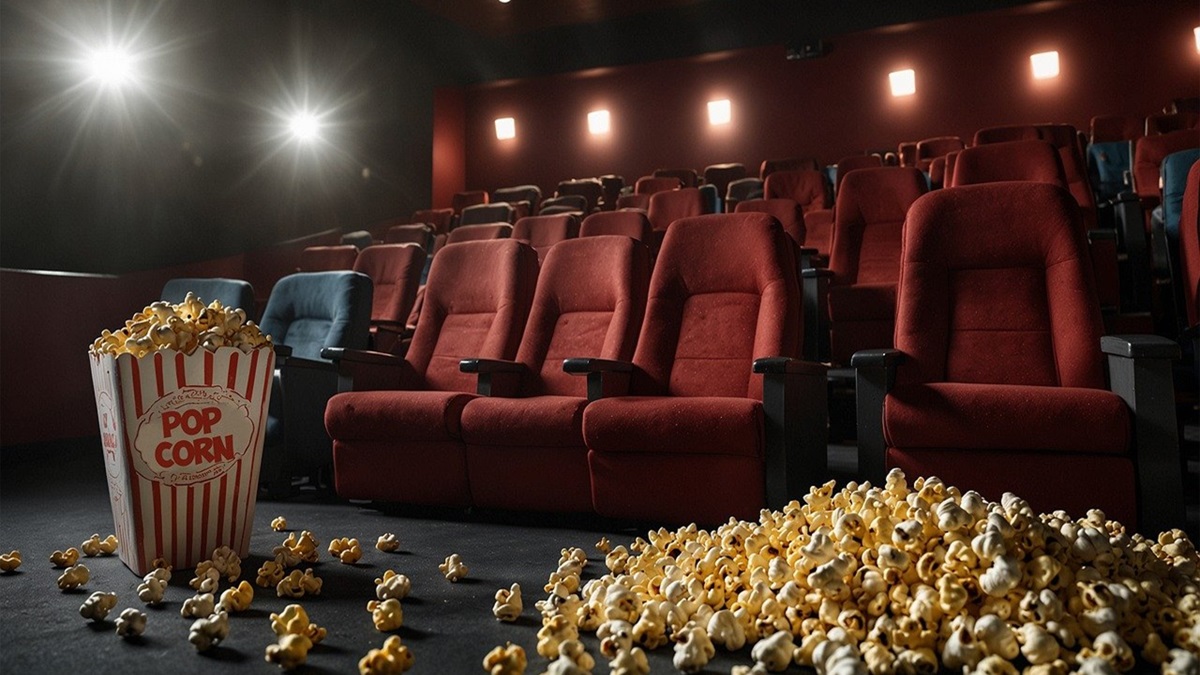 Una sala de cine con un paquete de palomitas
