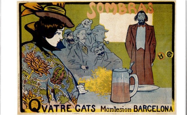 Publicidad creada por Ramon Casas en la que se ve a Pere Romeu y otros artistas. Foto: ColecciÃ³n Marc MartÃ­.