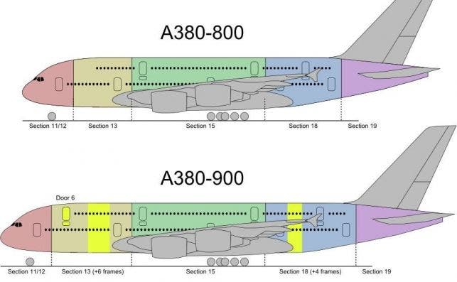 Comparación entre el A380-800 y el -900. Fuente: Clem Tillier