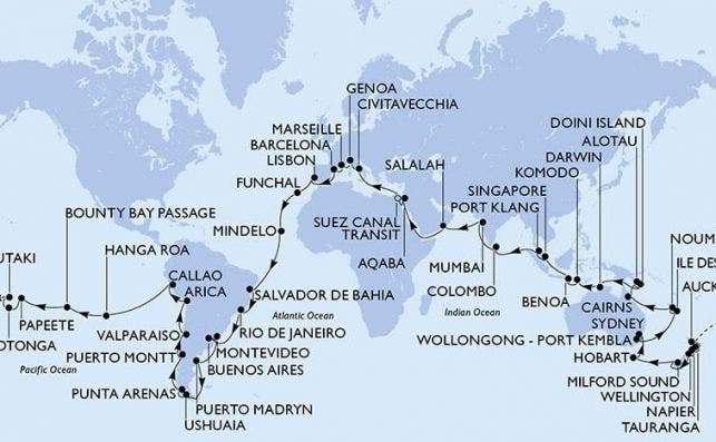 El mapa d ela vuelta al mundo. Imagen MSC Cruceros.