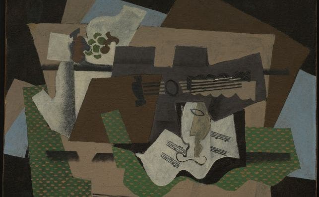 Georges Braque, Guitarra, copa y frutero sobre aparador.