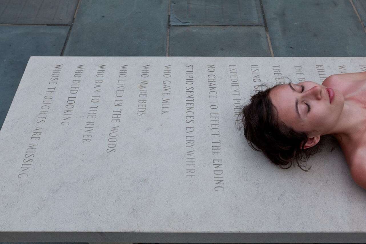 Jenny Holzer Memorial Bench II Eye cut by flying glass.