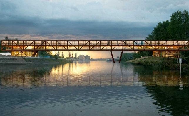 La parte inferior del puente de Novi Sad tendrÃ¡ una pasarela peatonal, y la superior un complejo de oficinas y un hotel. Foto: ARCVS.