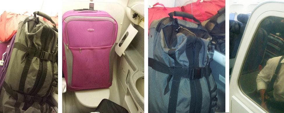 Las maletas de Ryanair amontonadas en los baÃ±os y un asiento de la cabina.