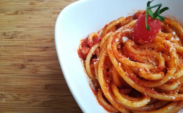 Spaghetti  allÂ´Amatriciana. Foto Wikipedia.