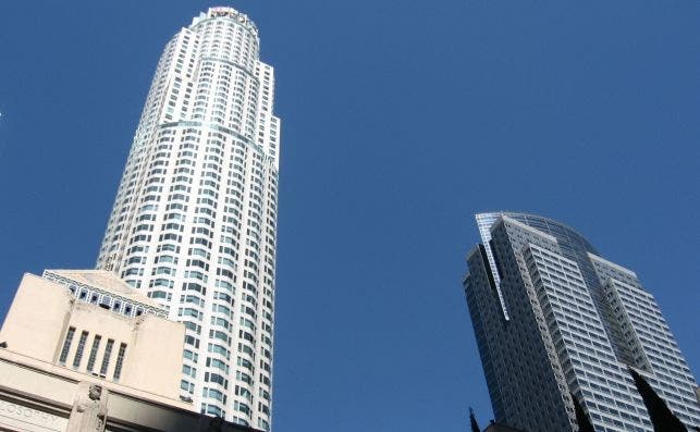 US Bank Tower over Central Library in Downtown LA