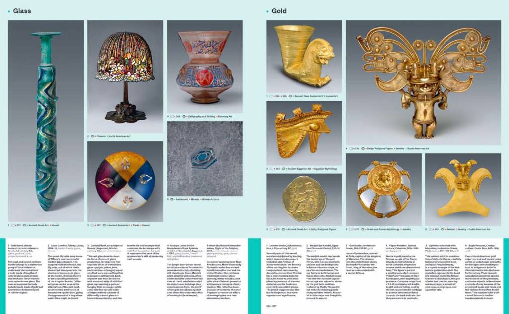 Detalle de obras agrupadas por materiales: vidrio y oro. Foto: Editorial Phaidon