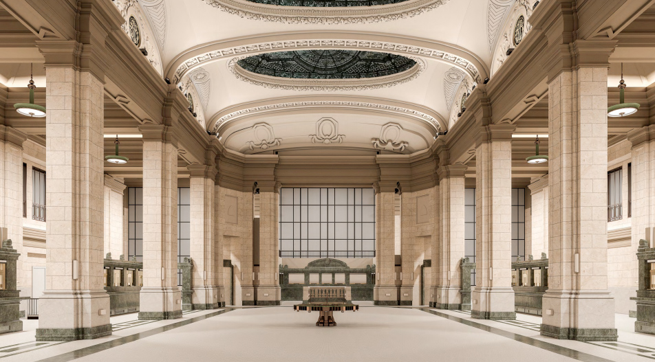 El edificio conserva la decoración del antiguo banco. Foto Culturespaces