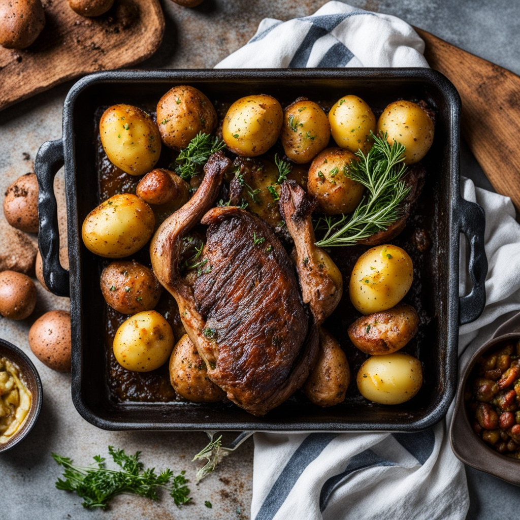 Una bandeja de horno con cordero asado con patatas