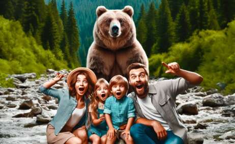 Una familia junto a un oso pardo