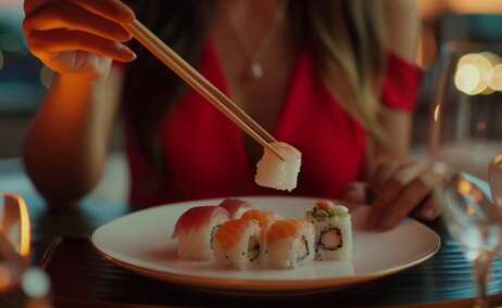 Una persona comiendo sushi en un restaurante japonés