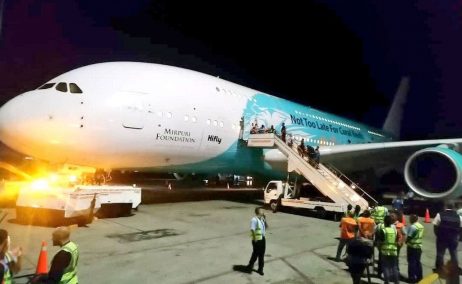 El A380 de Hi Fly en su llegada a Caracas. Foto: Twitter INAC.