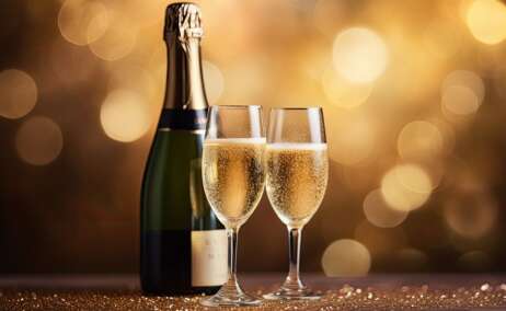 Una botella con unas copas de cava