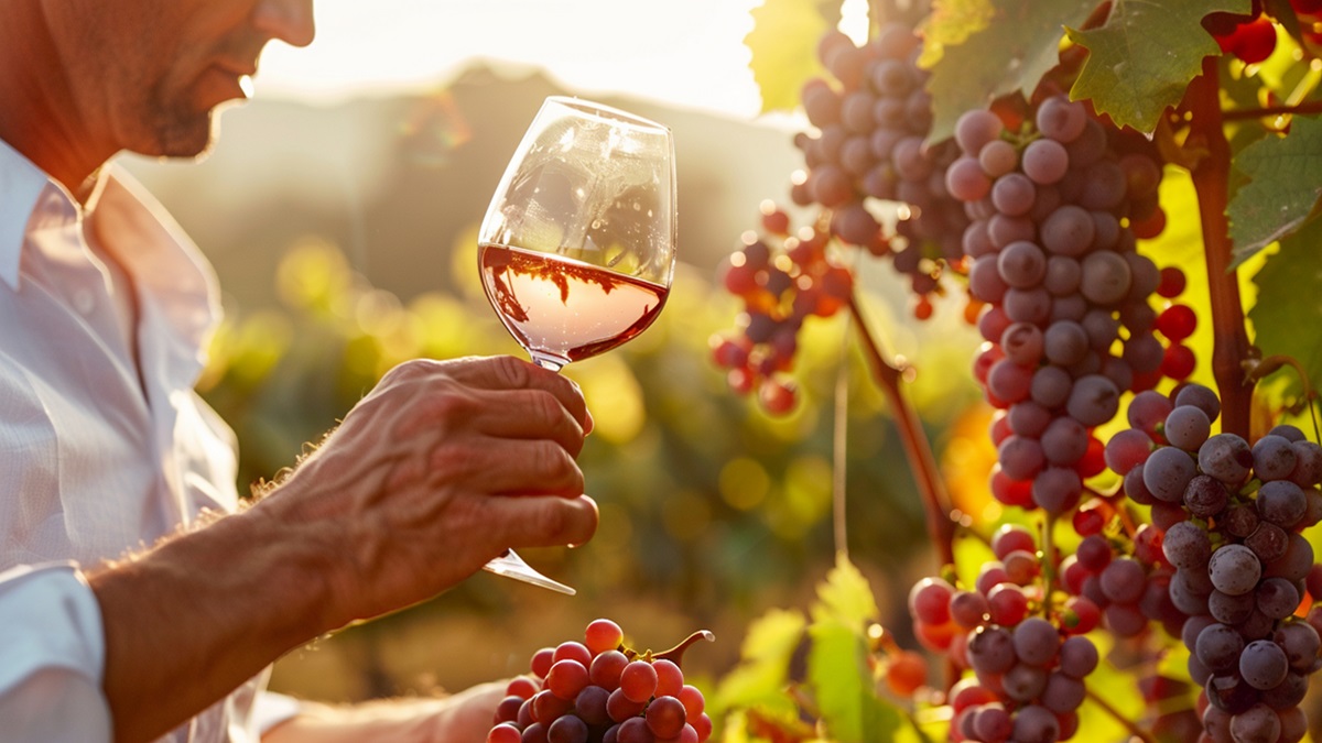 Un hombre con una copa de vino junto a un viñedo