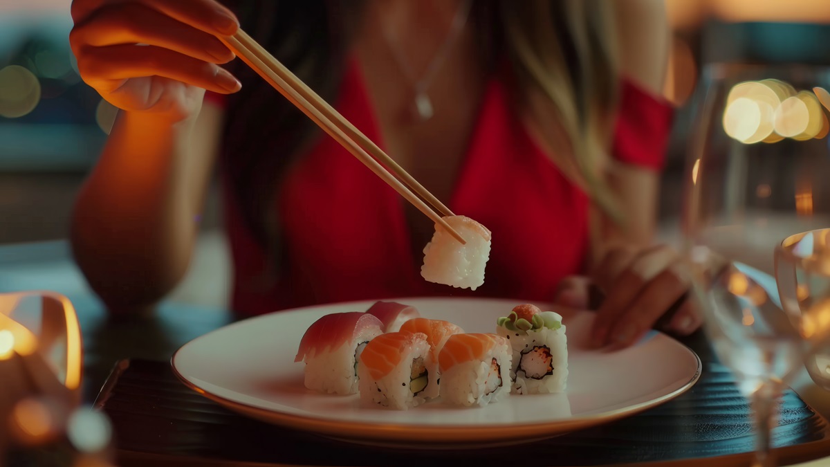 Una persona comiendo sushi en un restaurante japonés