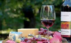 Una botella de vino tinto junto a una copa y algunos aperitivos