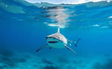 Un tiburón bajo las aguas marítimas