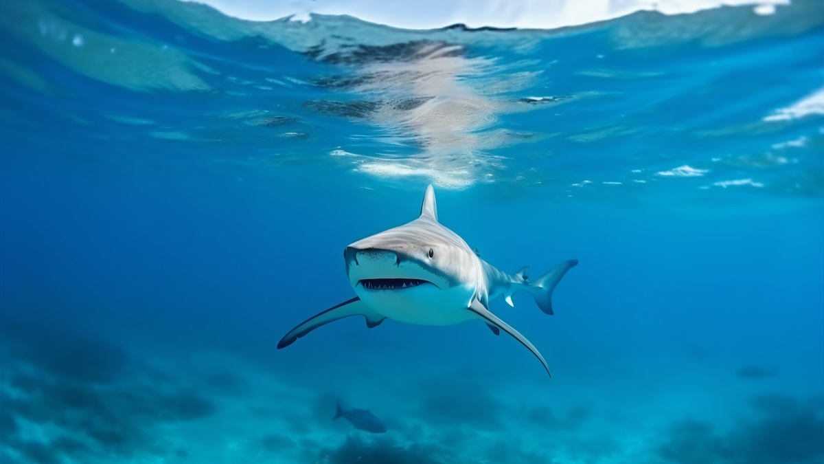 Un tiburón bajo las aguas marítimas