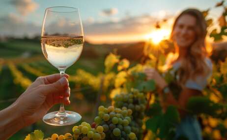 Una copa de vino blanco con unos viñedos de fondo