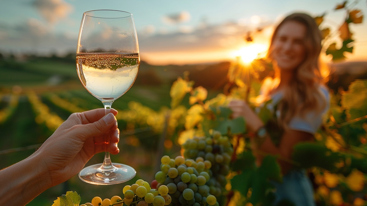 Una copa de vino blanco con unos viñedos de fondo