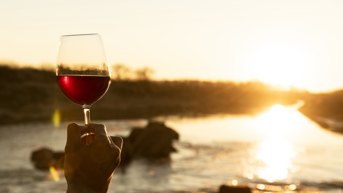 Un hombre sujeta una copa de vino en la naturaleza