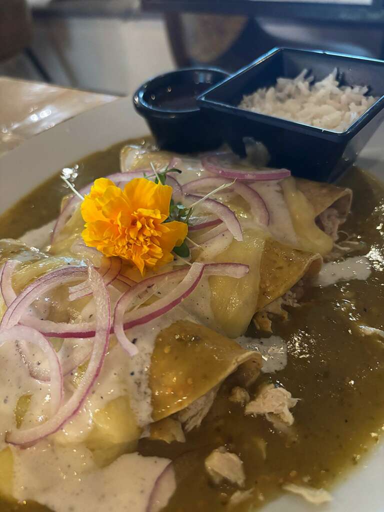 Los taquitos de pollo con salsa de tomate y queso fundido de Hijo del Maíz
