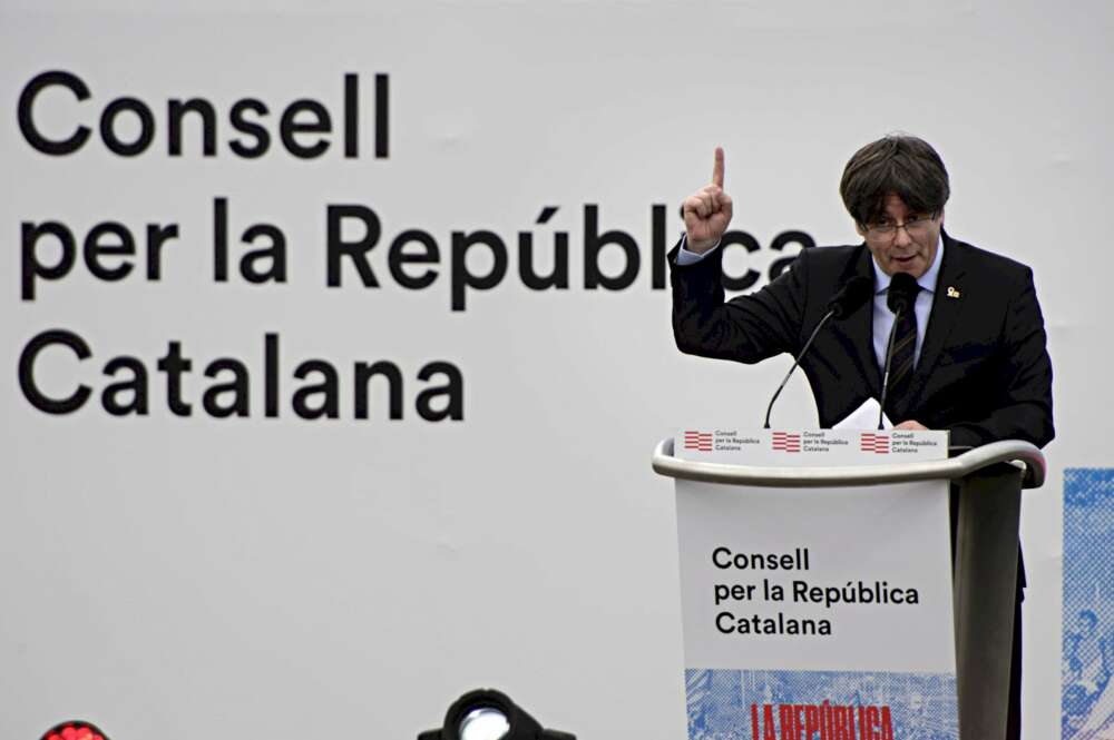 El expresidente fugado de la Generalitat, Carles Puigdemont, en el acto del Consell per la República de Perpinyà (Francia), en febrero de 2020 | ANC/Archivo