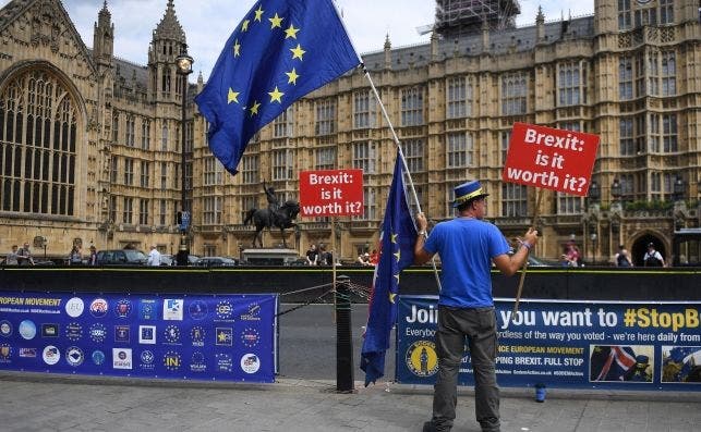 Un manifestante en contra del "brexit" a las afueras del Parlamento de Londres, Reino Unido, el 18 de julio de 2018. Foto: EFE/AR